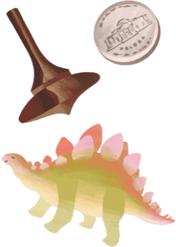 A dinosaur toy, a wooden spinning top, and a nickel.